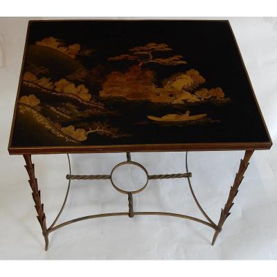 1950/70 Table Top Lacquer From China Maison Jansen In Bronze Palm Tree Decor