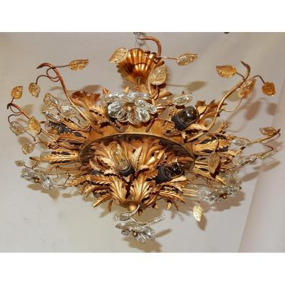 1970 'ceiling Lamp Or Wall Lamp Decorated With Flowers And Leaves In Golden Metal Style Maison Baguès