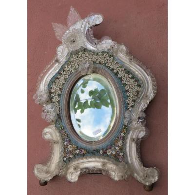 Venetian Mirror With Micromosaic In Hard Stones Flower Decor