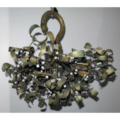 Art Nouveau Boule De Mistletoe Chandelier With 4 Light Bulbs In Bronze And Opaline Beads