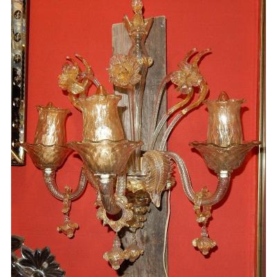 1950/70 'pair Of Wall Lights With 3 Arms Of Light In Murano Crystal With Gold Paillons 58 X50cm