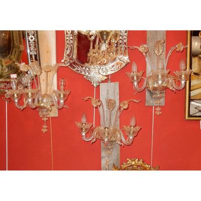 1950/70 'suite Of 3 Wall Lights With 3 Arms Of Light In Murano Crystal With Gold Paillons