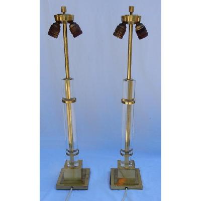 1970 ′ Pair Of Lamps In Altuglas And Golden Brass Decor Columns With 5 Petals