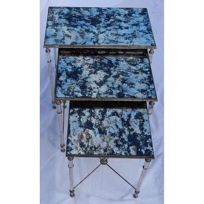 1970 'series Of 3 Maison Baguès Nesting Tables In Silver Metal, 3 Oxidized Mirror Trays