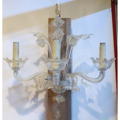 Pair Of Murano Crystal Wall Lights And Gold Leaf Inclusion 3 Arms