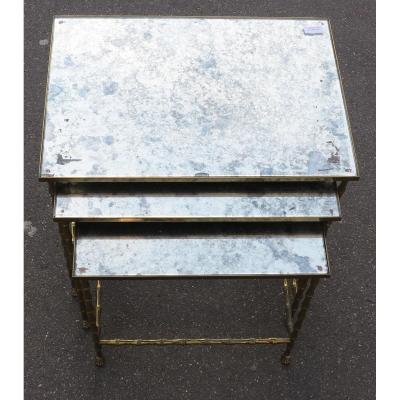 1950/70 Series Of 3 Nesting Tables Bamboo Model With Maison Baguès Feet