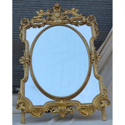 Nap III Mirror With Pare-closes And Beveled Oval Central Medallion, With Angels, Golden Leaves