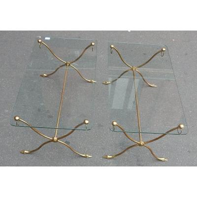 1970 ′ Pair Of Tables With Swan Heads In Brass With Glass Trays