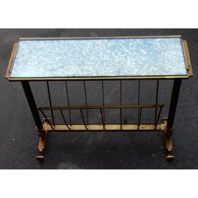 1970 ′ Maison Jansen Magazine Holder In Gilt Bronze, Oxidized Mirror Tray