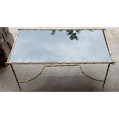 1970 ′ Bronze Coffee Table Maison Baguès Bamboo Decor With Blackened Glass Top 58 X 104 Cm