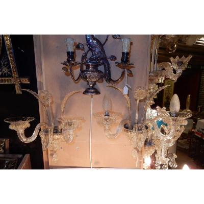 1950 ′ Pair Of Murano Wall Lights 2 Crystal Arms And Gold Paillons