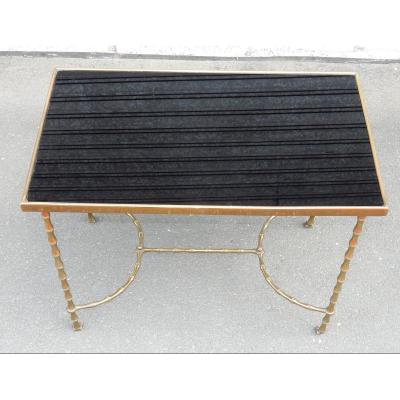 1970 ′ Maison Baguès Coffee Table On Wheels Bamboo Decor In Brass And Opaline