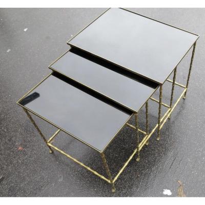 1950/70 Series Of 3 Nesting Tables Bamboo Model With Maison Baguès Feet