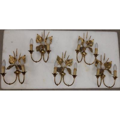 1970 'series Of 5 Plantins Wall Lights Maison Jansen Style