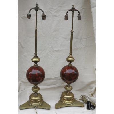1890 ′ Pair Of Bronze Lamps And Iron Balls Painted In Faux Griotte Marble