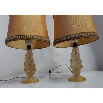 1950/70 Pair Of Barovier & Toso Lamps In Murano Crystal With Gold Paillons Signed