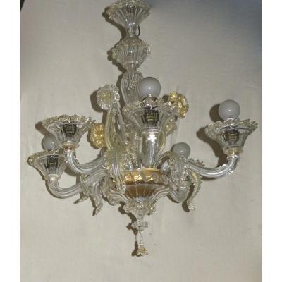 1900/20 ′ Murano Crystal Chandelier Gold Leaves 6 Branches