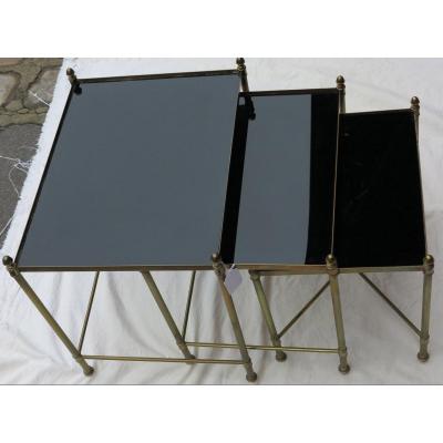 1950/70 ′ Series Of 3 Gilt Bronze Nesting Tables Black Opaline Trays X Spacer