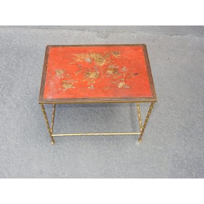 1950/70 ′ Bronze Coffee Table Bamboo Decor Tray Red Chinese Lacquer Dlg Maison Baguès 50x35cm