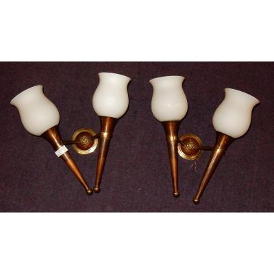 1950 ′ Pair Of Bronze And Brass Sconces Arbus Style Or Maison Jansen 2 Lamps
