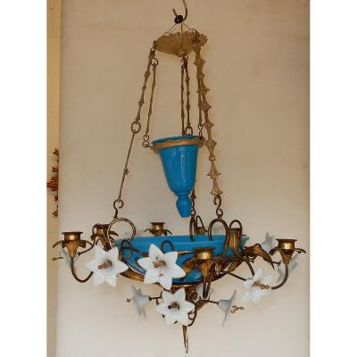 1880 ′ Liserons Chandelier With Blue Opaline