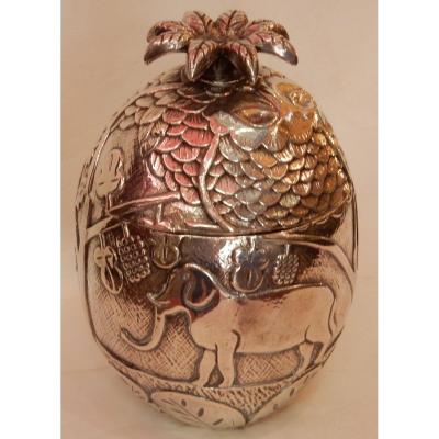 1950/70 Ice Bucket Pineapple Shape Animal Decor Silver Metal