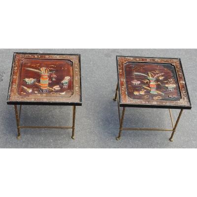 1950/70 ′ Bronze Sofa Ends Bamboo Decor, Chinese Lacquer Top Style Maison Baguès