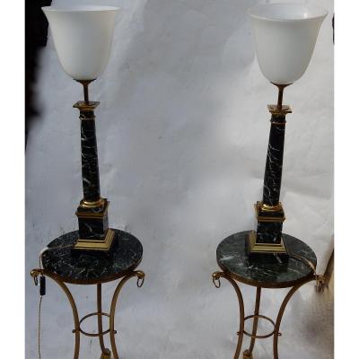 1950/70 Pair Of Dlg Maison Jansen Lamps, Brass And Sea Green Marble