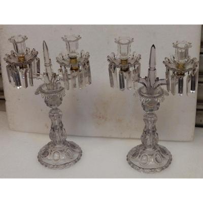 1880 ′ Pair Of Baccarat Tinted Crystal Candlesticks Round Bosses