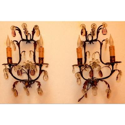1950/70 ′ Pair Of Crystal Sconces With 2 Colors Maison Baguès Style