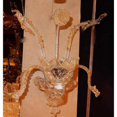 1950 ′ Pair Of Wall Lights 1 Arm Murano Crystal And Gold Paillons