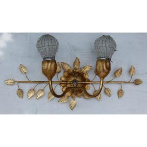 1970 ′ Wall Lamp In Golden Metal Decorated With Glass Leaves Dlg Maison Baguès Or Banci