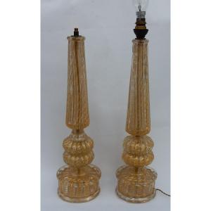 1950/70 Pair Of Barovier & Toso Lamps With Gold Paillons Conical Shaft