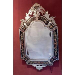 1880/1900 ′ N3 Venice Rectangular Mirror, Blue Glass Frame Decorated With Enameled Flowers Dlg Lxiv