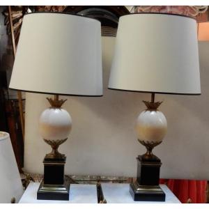 1950/70 ′ Pair Of Lamps In Black Marble And Ostrich Egg Maison Jansen