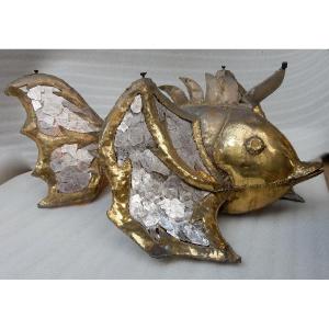 1970′table Low Fish Illuminating Brass And Mika Violet Dlg Duval Brasseur, Faure, Fernandez