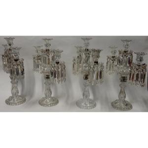 1950 ′ Series Of 4 Candlesticks With 2 Branches Beaded Sockets And Signed Baccarat Relief