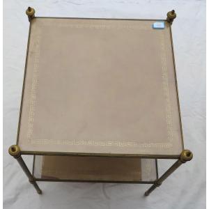1970 'bronze Shelf Maison Baguès 2 Trays Sheathed In Beige Leather With Golden Greek Motifs