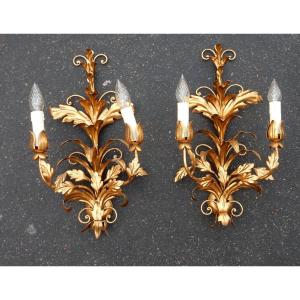 1970 ′ Pair Of Golden Iron Wall Lights Flowers And Foliage With 2 Bulbs