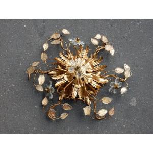 1950/70 ′ Ceiling Lamp With Floral Decor With Glass Leaves Style Maison Baguès