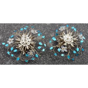 1970 ′ Pair Of Wall Lights In Silver Metal And Flowers In Blue Glass Style Maison Baguès