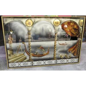 1950 ′ Eglomise Panel "gondola Ride For The Venice Carnival"