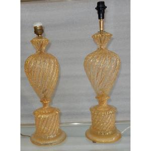 1950/70 Pair Of Barovier & Toso Lamps With Gold Paillons