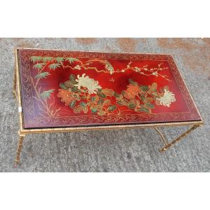 1950/70 ′ Bronze Coffee Table Palm Tree Decor, Red Chinese Lacquer Tray Baguès Style House
