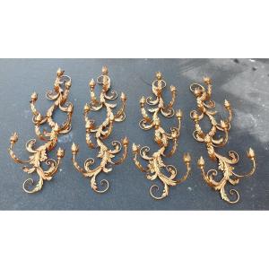 1970 ′ 2 Pairs Of Golden Iron Appliques Flowers And Foliage At 8 Bulbs
