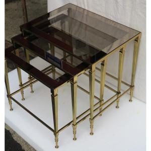 1950/70 'series Of 3 Nesting Tables Conical Uprights Gilt Bronze Smoked Glass Trays