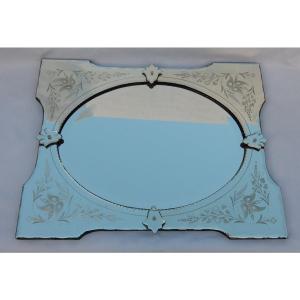 1950/70 ′ Venetian Cartridge Mirror, Beveled Oval 76 X 60 Cm