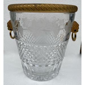 1950-70 ′ Champagne Bucket Cristal St Louis Engraved With Attributes Of The Vine And Lion Heads