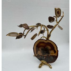 1970 ′ Illuminating Clock With Agate Leaves By Faure, Fernandez / Brewer Pour Honore Paris