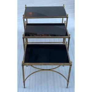 1970′ Series Of 3 Nesting Tables Maison Baguès Bamboo Model Gilt Bronze Trays Black Opaline
